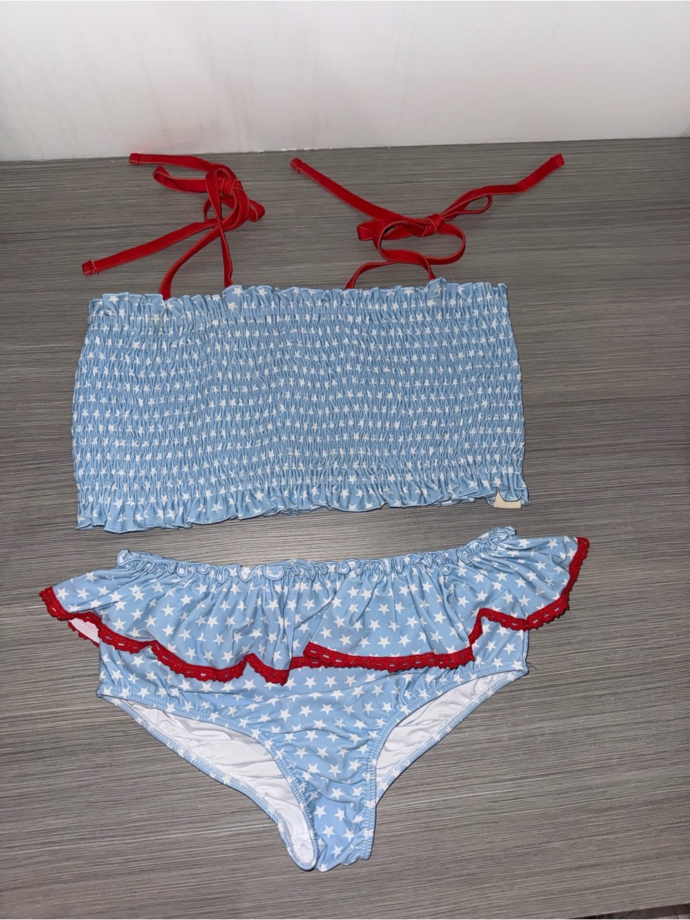 cheeky plum Blue Star Smocked Bikini with Red Trim